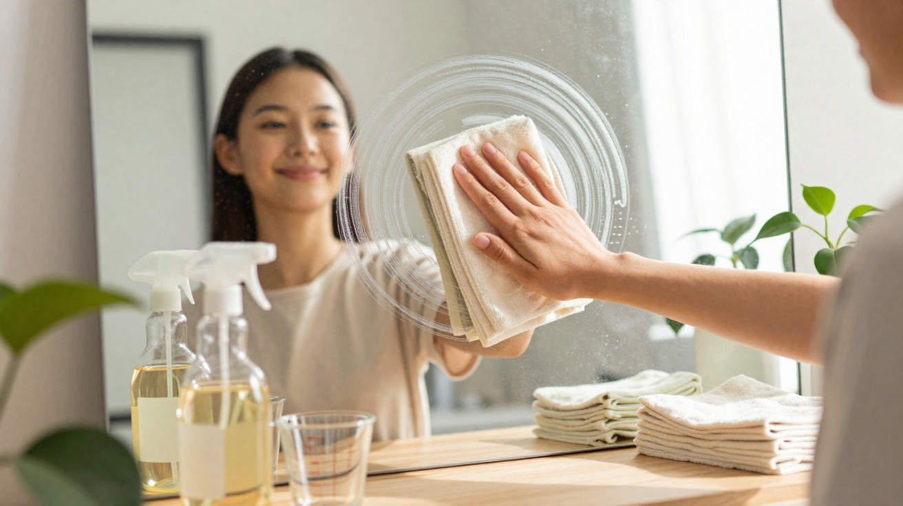Mulher limpando espelho com pano em ambiente interno, com produtos de limpeza na mesa.