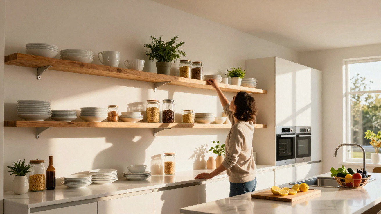 Mulher organizando potes e pratos em prateleiras de cozinha iluminada com luz natural.