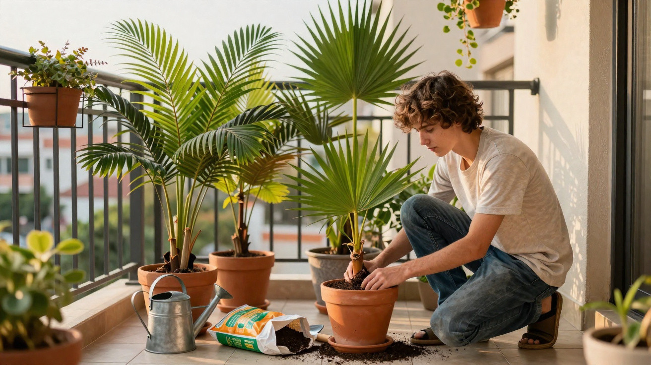 Pessoa cuidando de plantas em vasos em uma varanda ensolarada durante o dia.