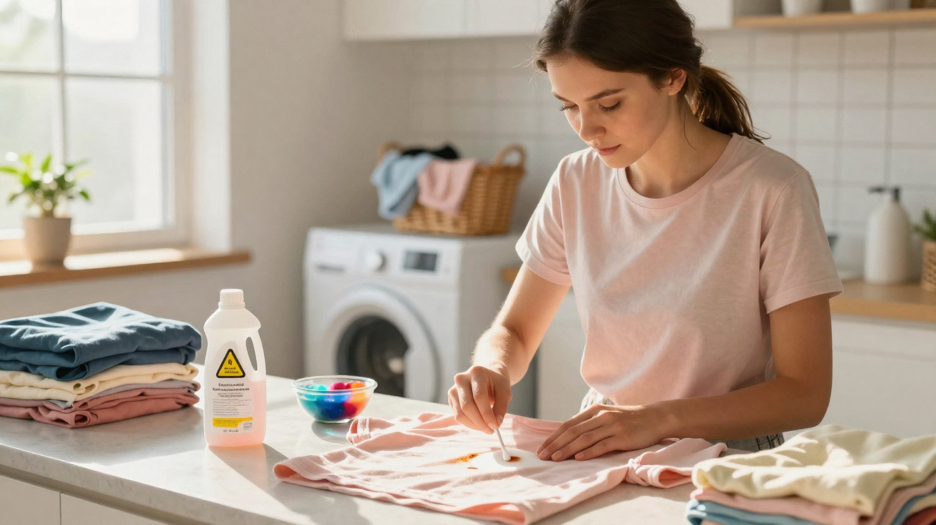 Mulher removendo mancha de roupa rosa com cotonete em cozinha clara e organizada.