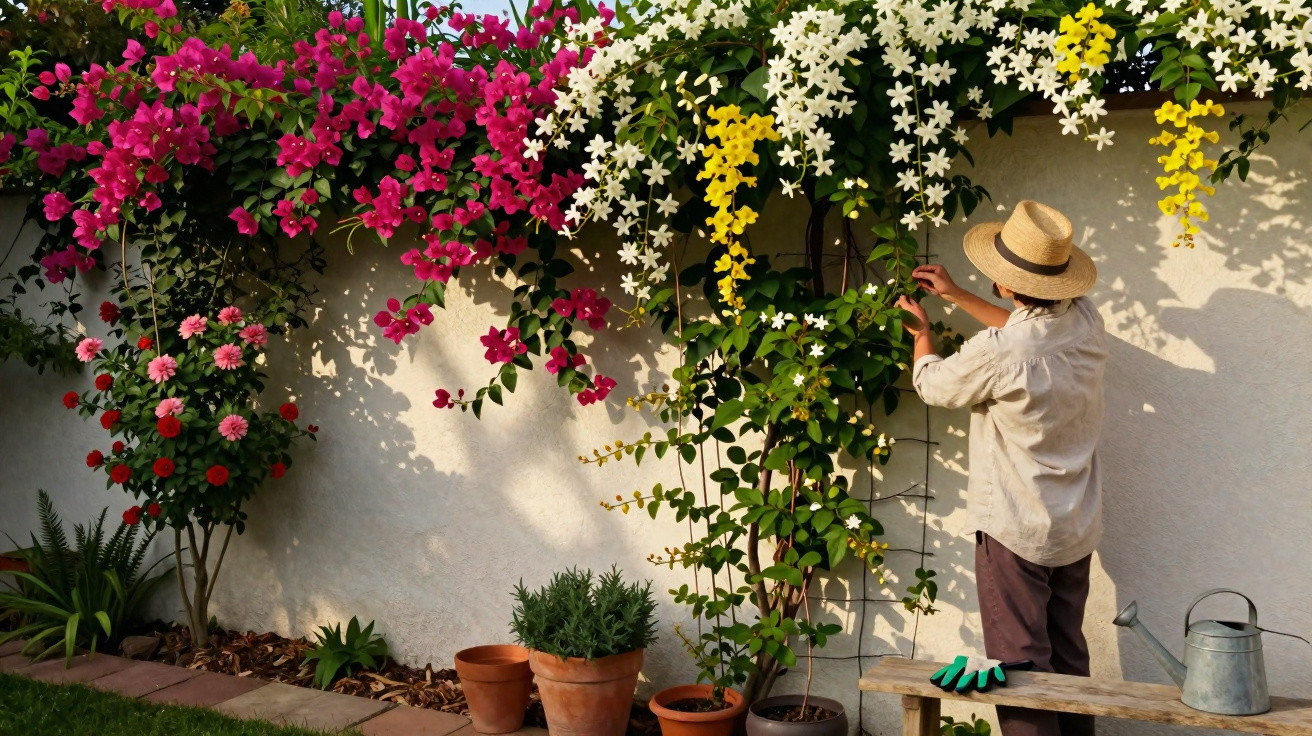 Pessoa com chapéu cuidando de flores coloridas em parede branca durante o dia ensolarado.