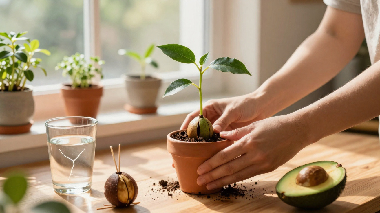 Mãos colocando vaso com muda de abacate, sementes e copo d’água sobre mesa perto de janela iluminada.