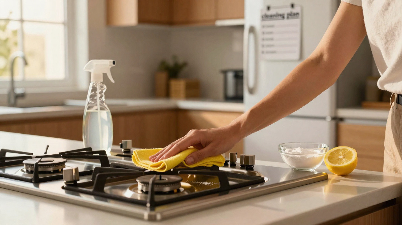 Pessoa limpando fogão com pano amarelo, spray de limpeza, limão e tigela com bicarbonato na cozinha.