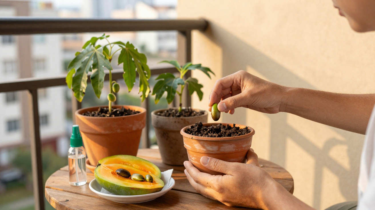 Pessoa plantando semente de mamão em vaso, com mudas de mamoeiro e mamão cortado sobre mesa de madeira.