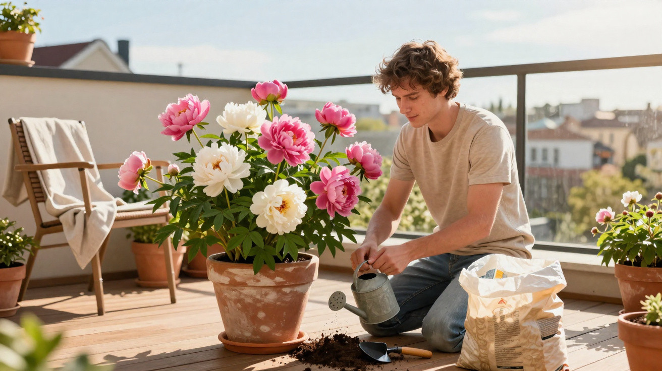 Jovem regando flores rosa e brancas em vaso grande no terraço ensolarado, com ferramentas e saco de terra.