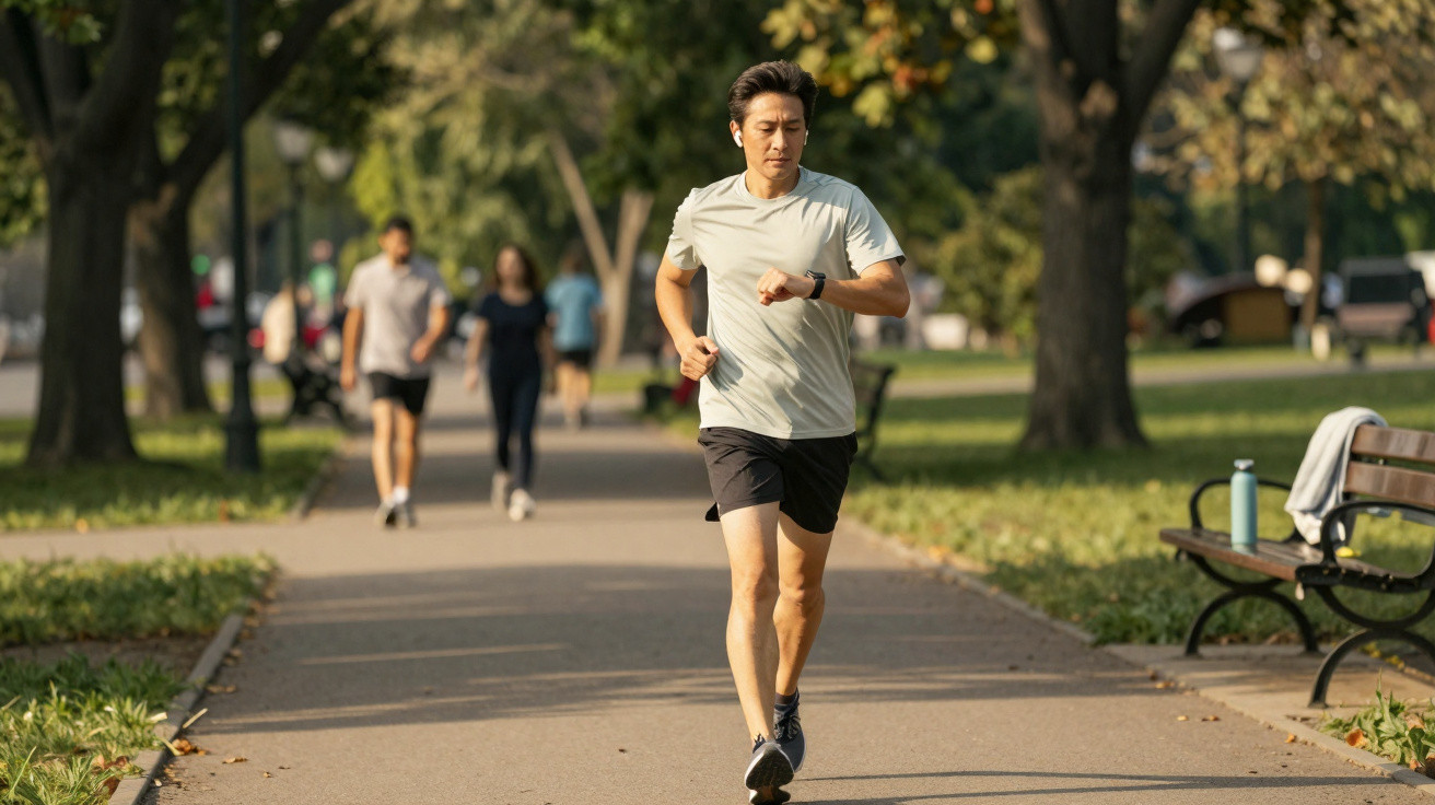 Homem correndo em parque usando camiseta branca e shorts pretos, com outras pessoas ao fundo.