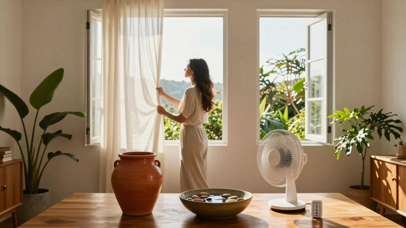 Mulher abrindo cortina em ambiente iluminado com plantas, vaso e ventilador sobre mesa de madeira.