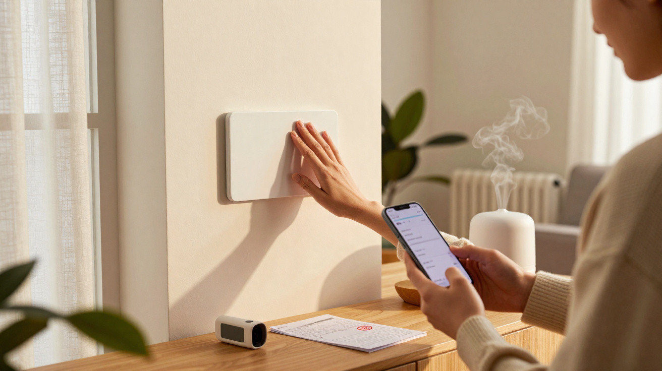 Pessoa operando controle de ar condicionado com smartphone em ambiente interno iluminado.