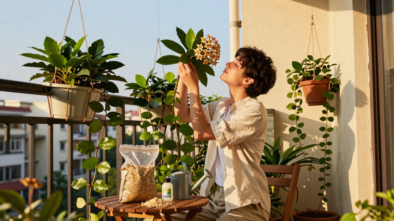 Jovem cuidando de planta com flores brancas em varanda ensolarada com várias plantas e mesa de madeira.