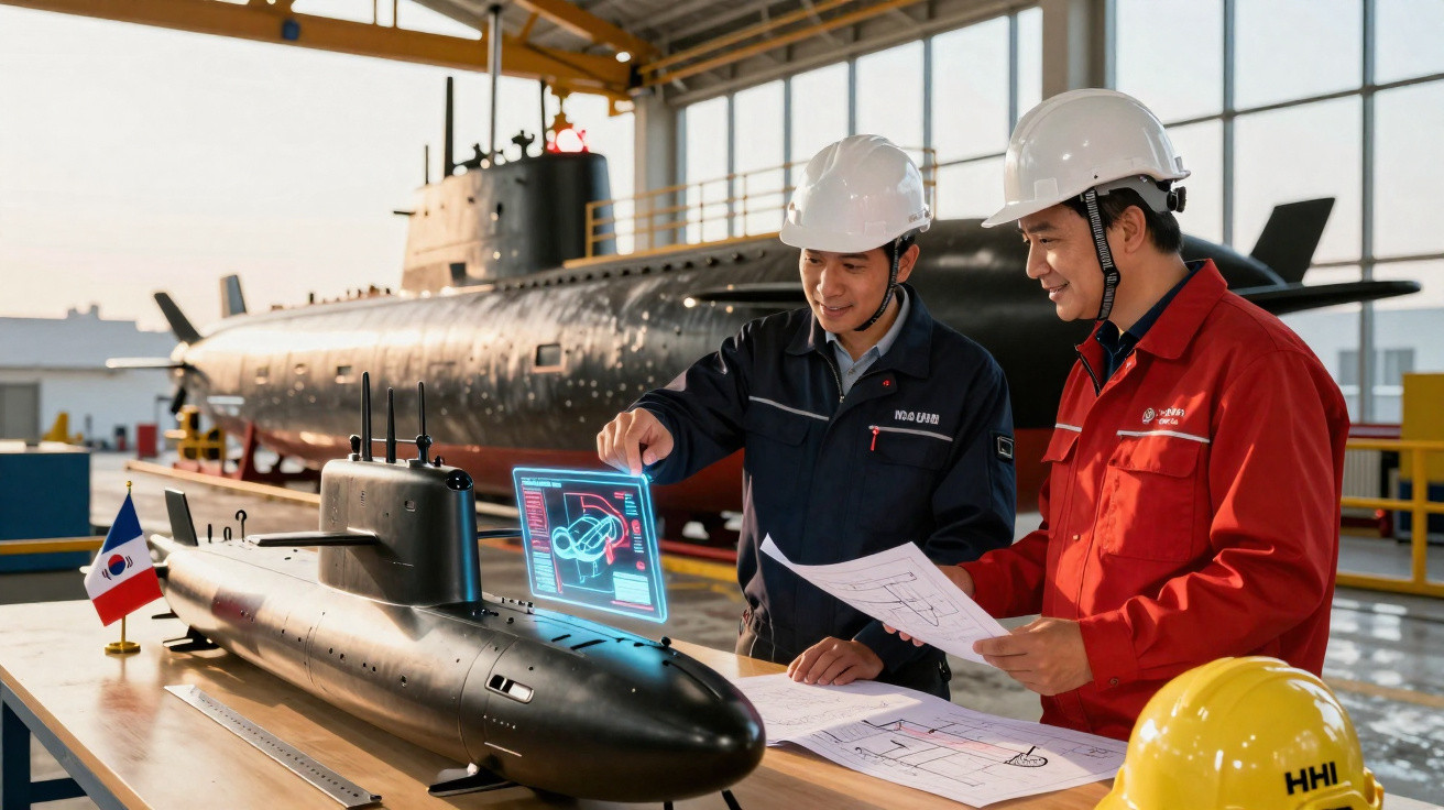Dois engenheiros com capacetes revisam projetos ao lado de modelo de submarino em oficina industrial.