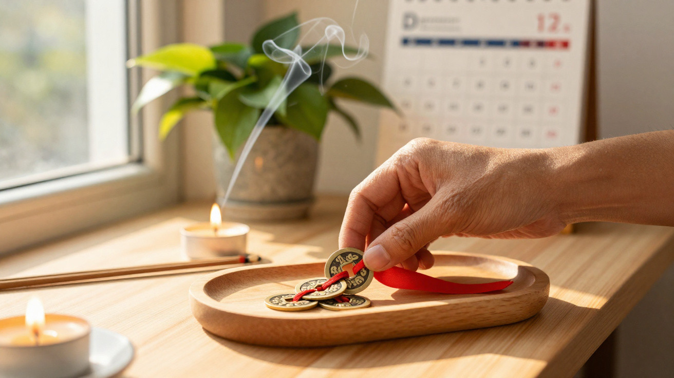 Mão segurando moedas da sorte chinesas sobre prato de madeira com velas acesas e incenso fumegante em mesa.