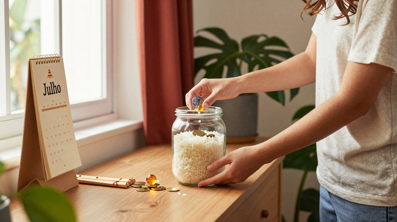 Pessoa colocando moedas em pote de arroz sobre mesa próxima a janela com calendário de julho.