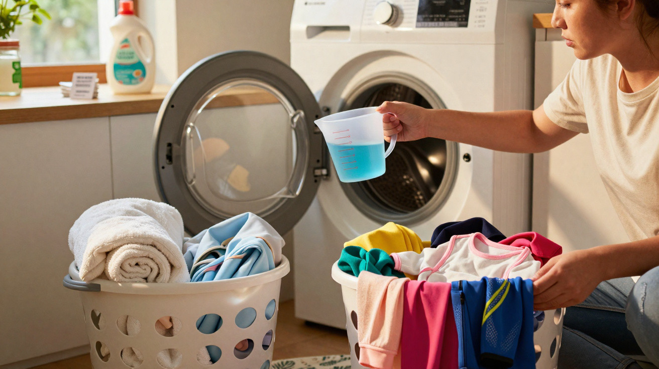 Mulher preparando roupa colorida para lavar com detergente líquido em máquina de lavar automática.