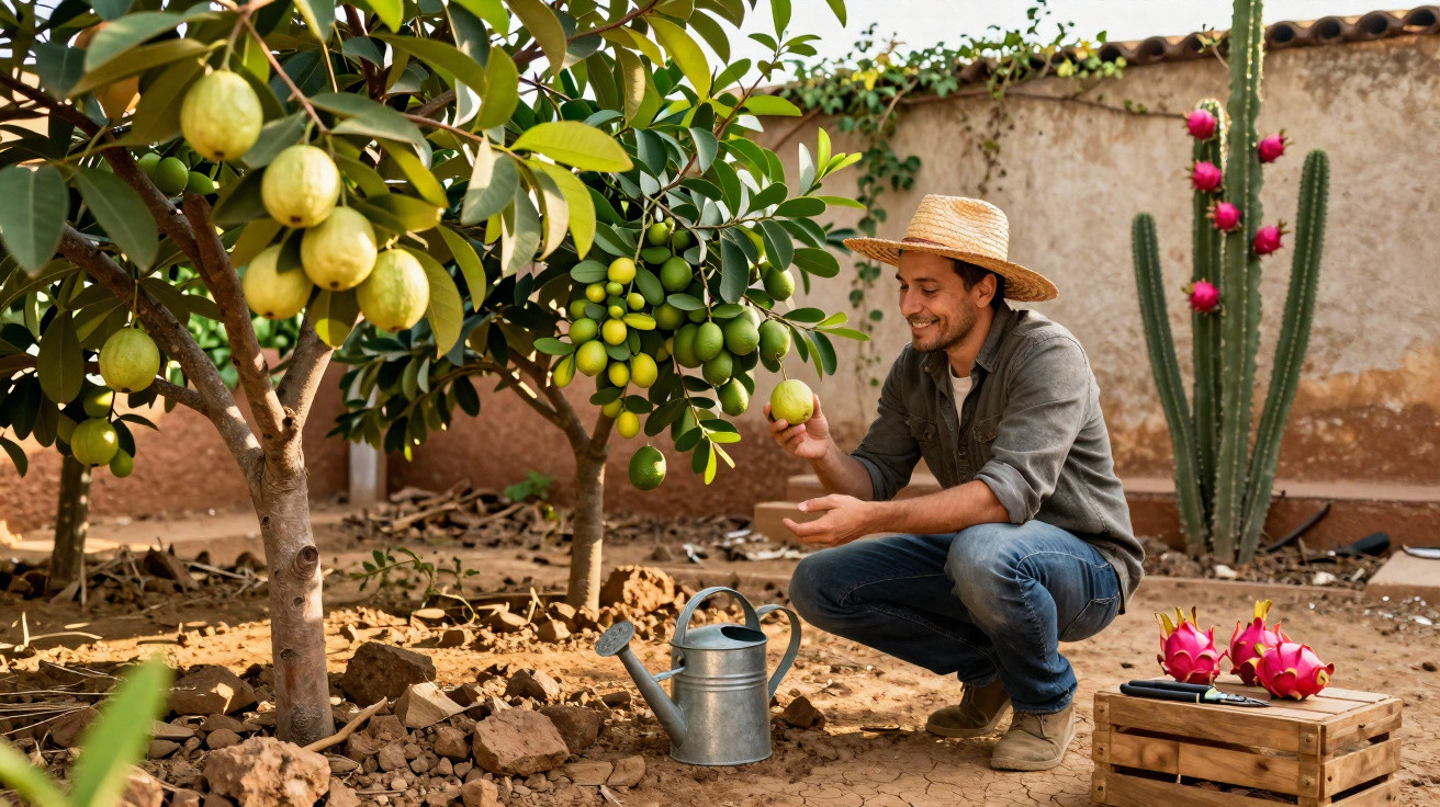 Homem com chapéu colhendo frutas em pomar com regador e caixa com pitayas ao lado.