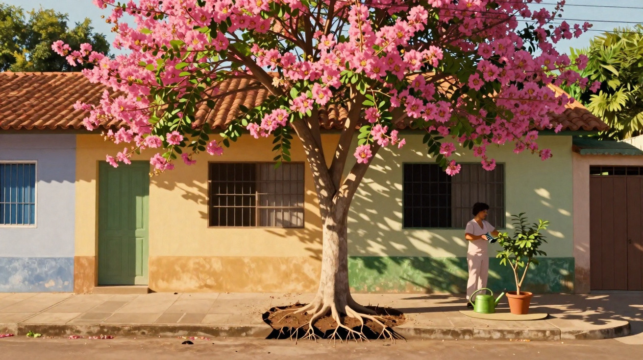 Árvore florida com raízes expostas em frente a casa amarela, mulher regando planta em vaso na calçada.