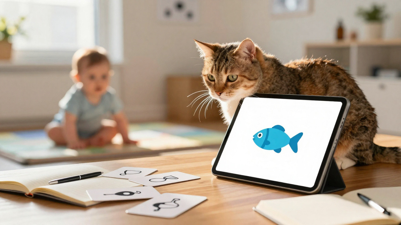 Gato olhando para tablet com desenho de peixe azul, com bebê desfocado ao fundo em ambiente iluminado.