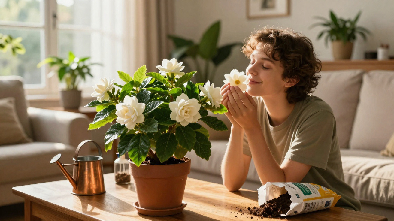 Pessoa jovem cheirando flor branca de planta em vaso sobre mesa de madeira em sala iluminada.