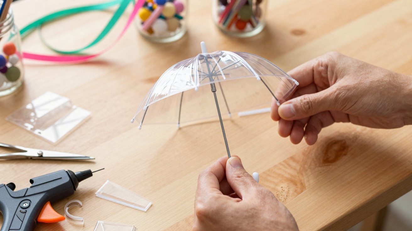 Mãos seguram guarda-chuva transparente em miniatura sobre mesa com ferramentas e materiais de artesanato.