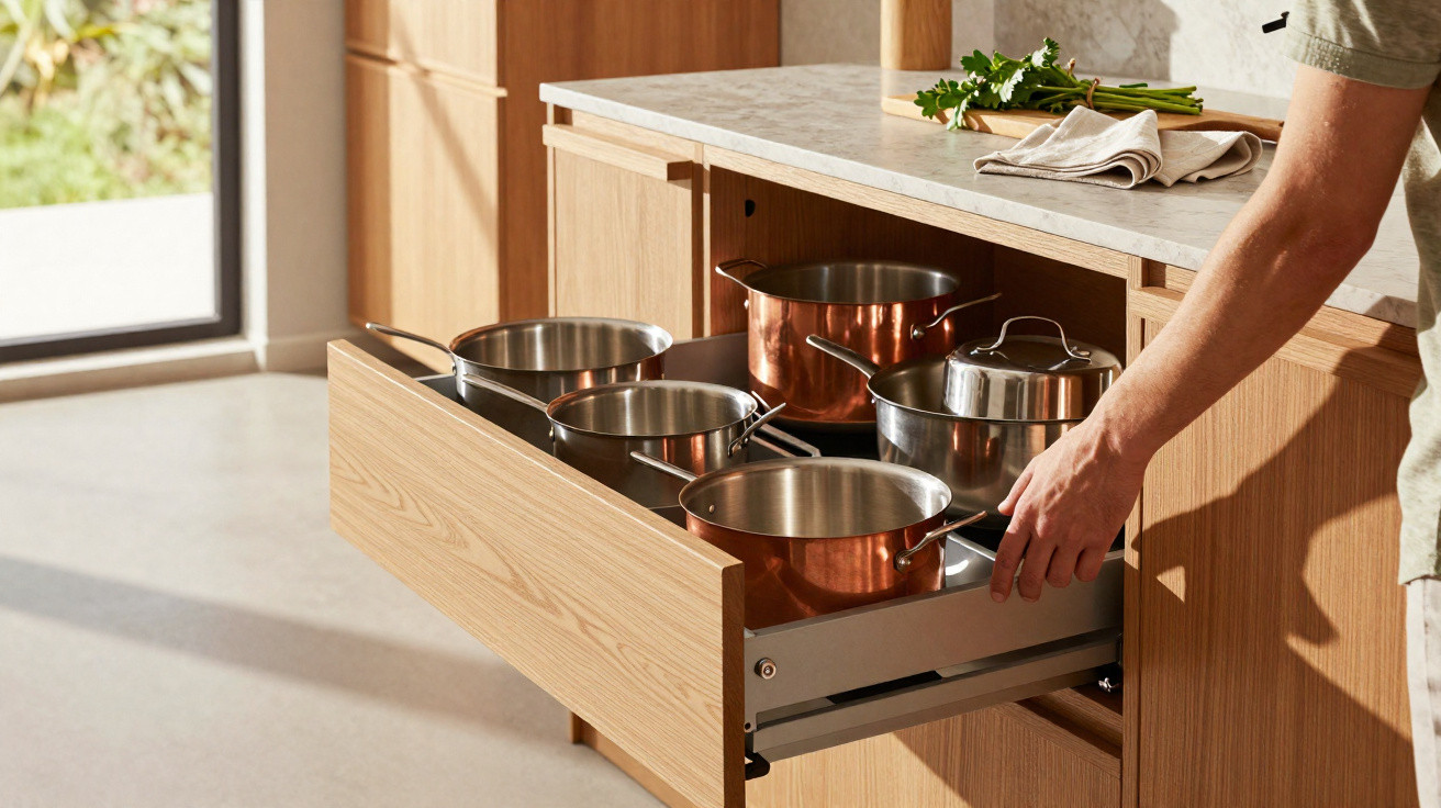 Pessoa abrindo gaveta de madeira com panelas de inox e cobre em cozinha iluminada.