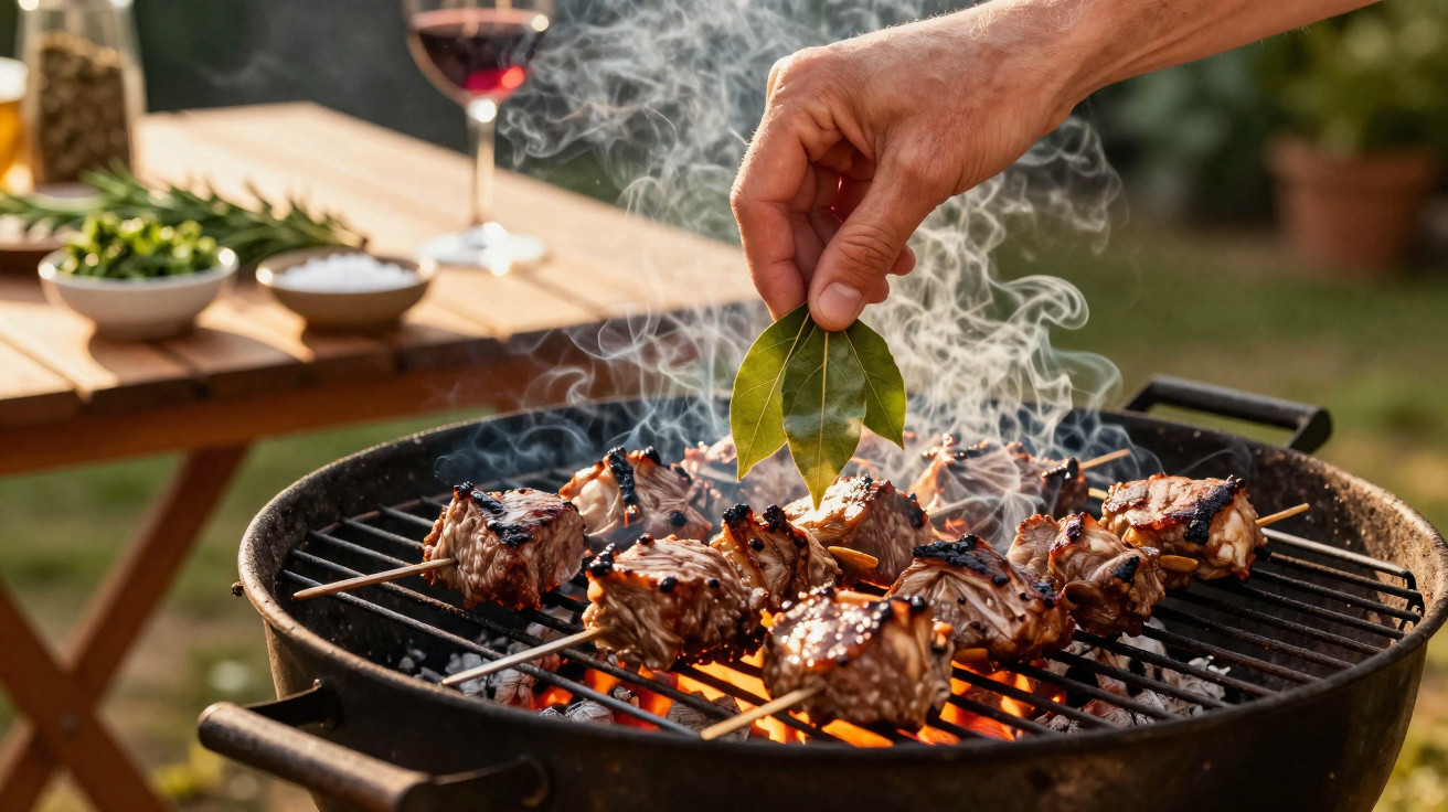 Hand placing bay leaves on skewered meat grilling on a barbecue with smoke rising.