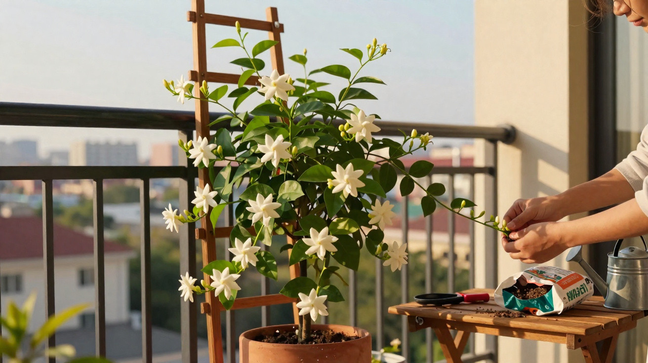 Pessoa cuidando de planta com flores brancas em vaso no parapeito de uma varanda ensolarada.