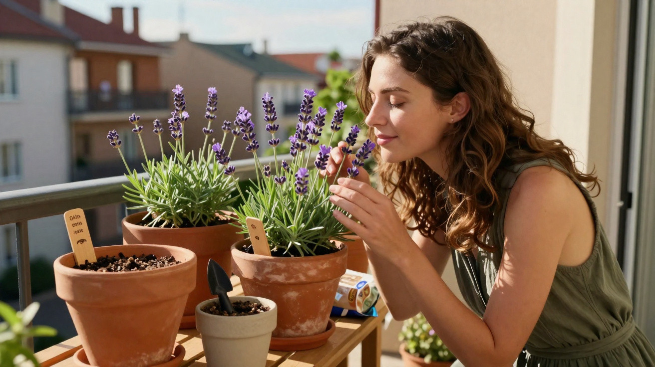 Mulher cheirando flores de lavanda em vasos de cerâmica em uma varanda ensolarada.