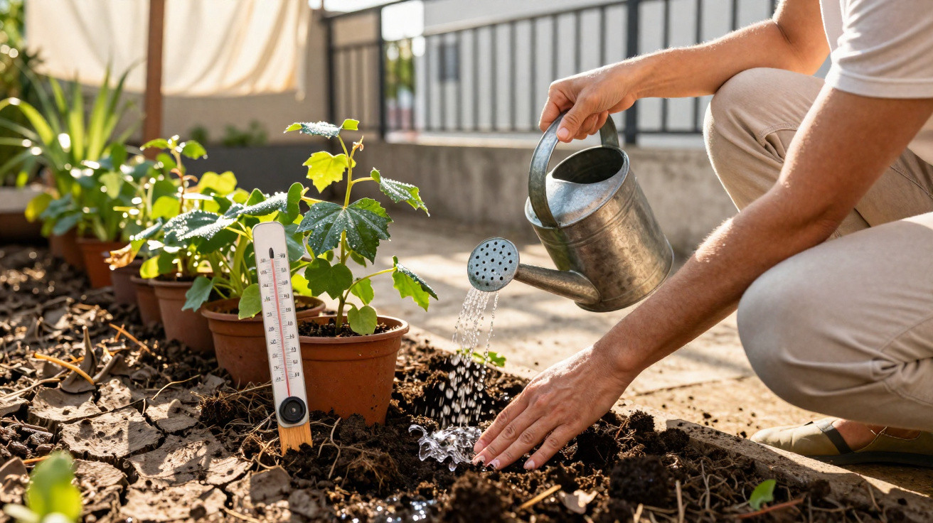 Pessoa regando plantas jovens em vasos ao ar livre com termômetro marcando a temperatura do solo.