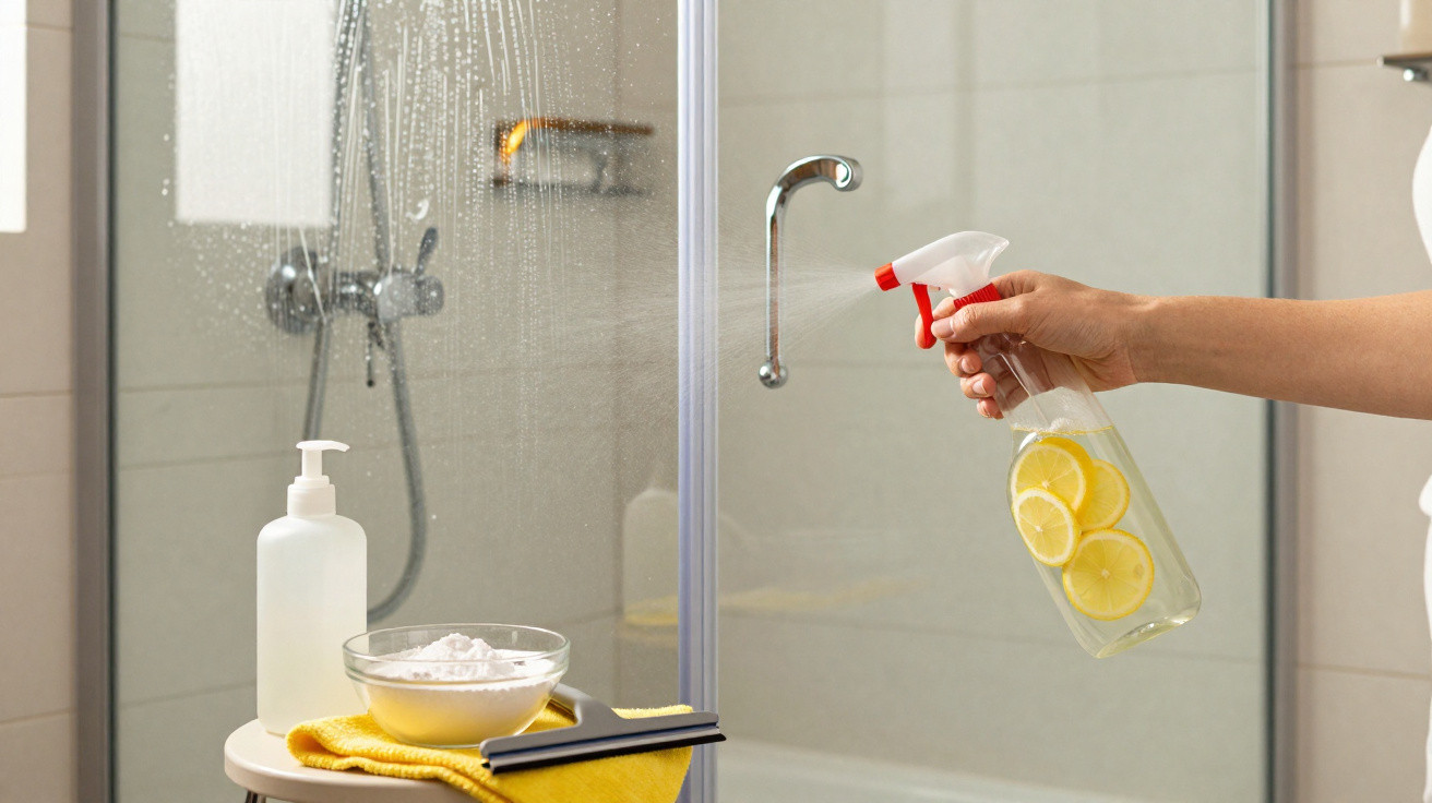Mão borrifando spray de limpeza com fatias de limão em vidro de box de banheiro, ao lado produtos e pano amarelo.
