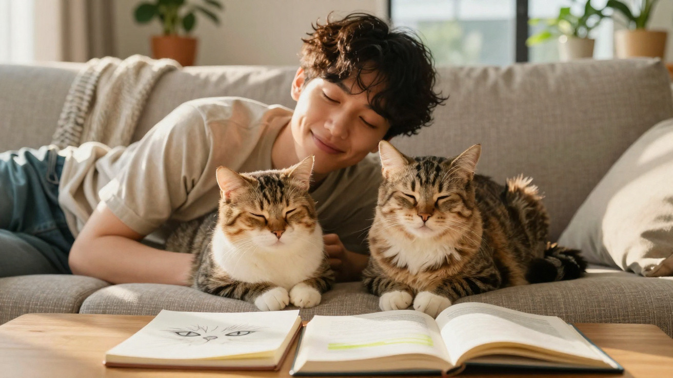 Pessoa sorrindo deitada no sofá com dois gatos e livros abertos sobre a mesa em ambiente iluminado.