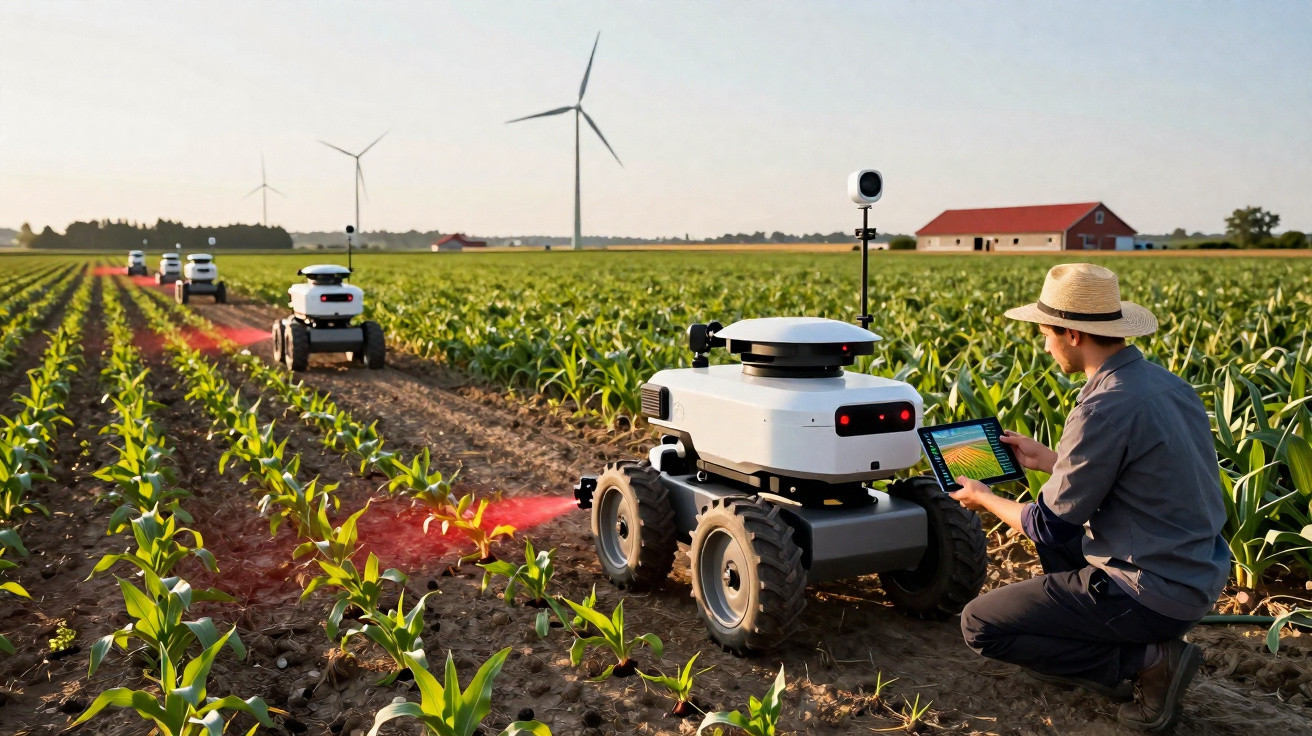 Agricultor operando tablet enquanto robôs automáticos realizam plantio em campo de milho com turbinas eólicas ao fundo.