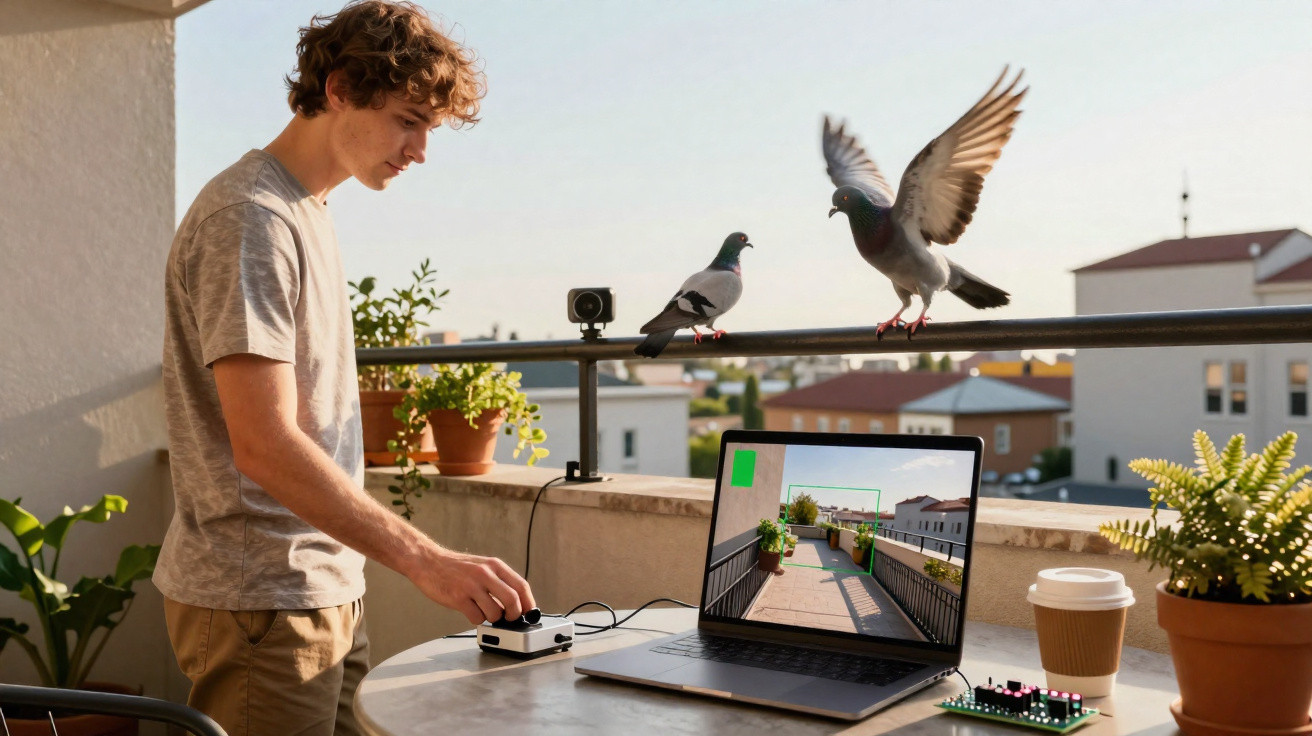 Jovem controla drone com controle remoto em varanda, com laptop, plantas e pombos ao fundo.