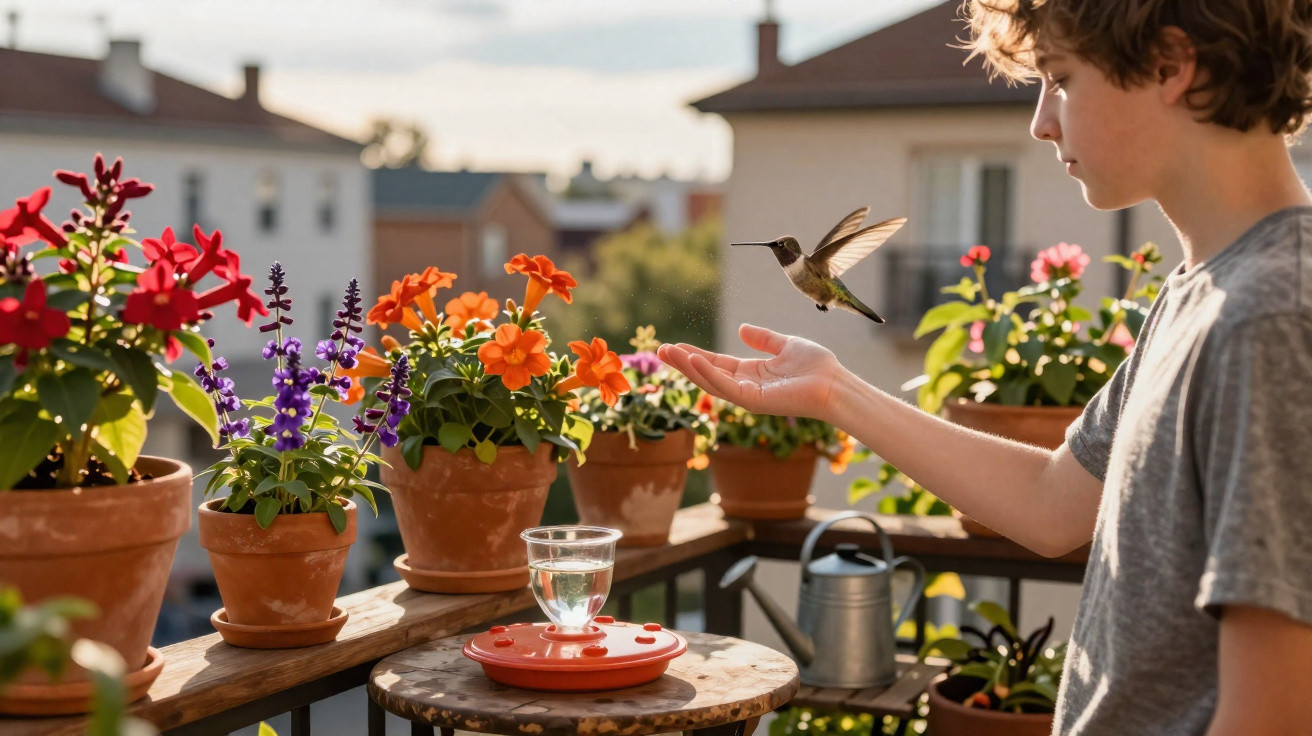 Adolescente alimenta beija-flor com mão estendida perto de vasos de flores coloridas em varanda ensolarada.
