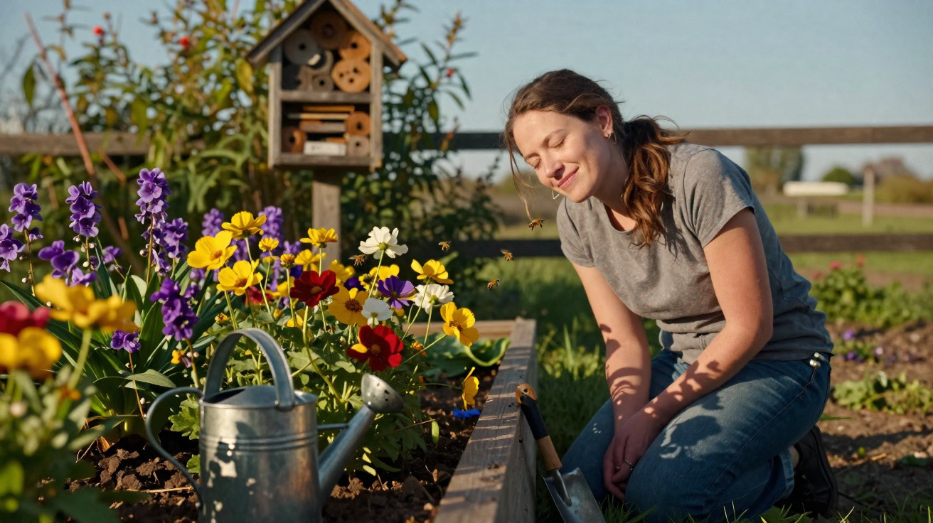 Mulher sorrindo enquanto se agacha perto de flores coloridas em um jardim ao ar livre.