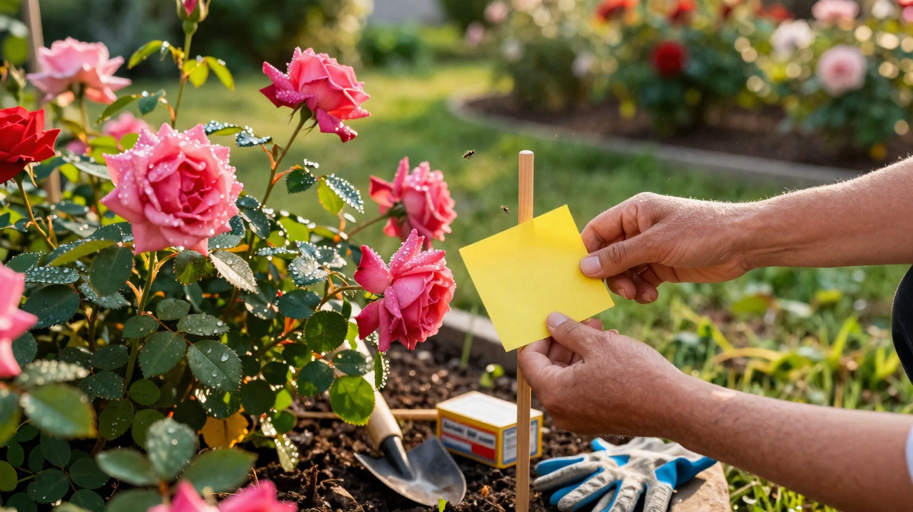 Mãos colocando cartão amarelo em estaca próximo a rosas cor de rosa em jardim com ferramentas de jardinagem.
