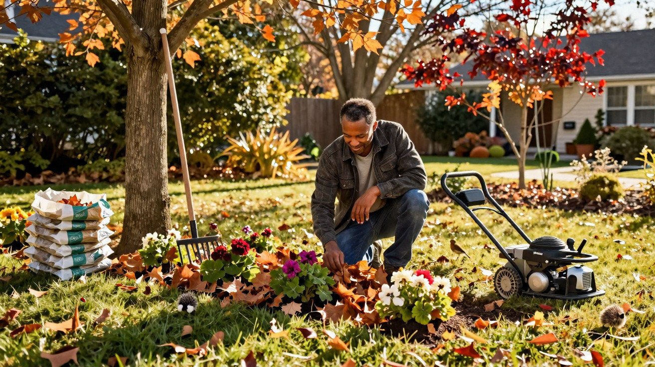 Homem cuidando de flores no jardim durante o outono, com folhas caídas e cortador de grama ao lado.