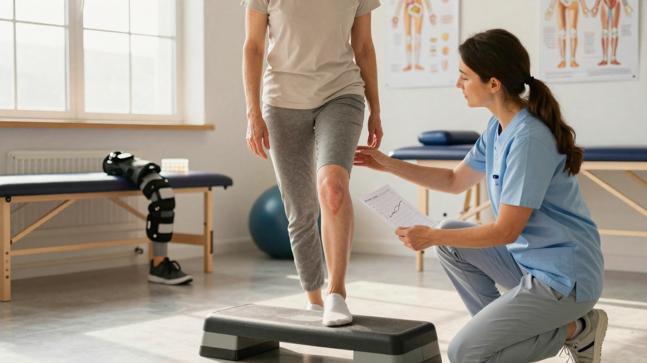 Fisioterapeuta orienta paciente idosa com exercício de reabilitação no consultório iluminado.