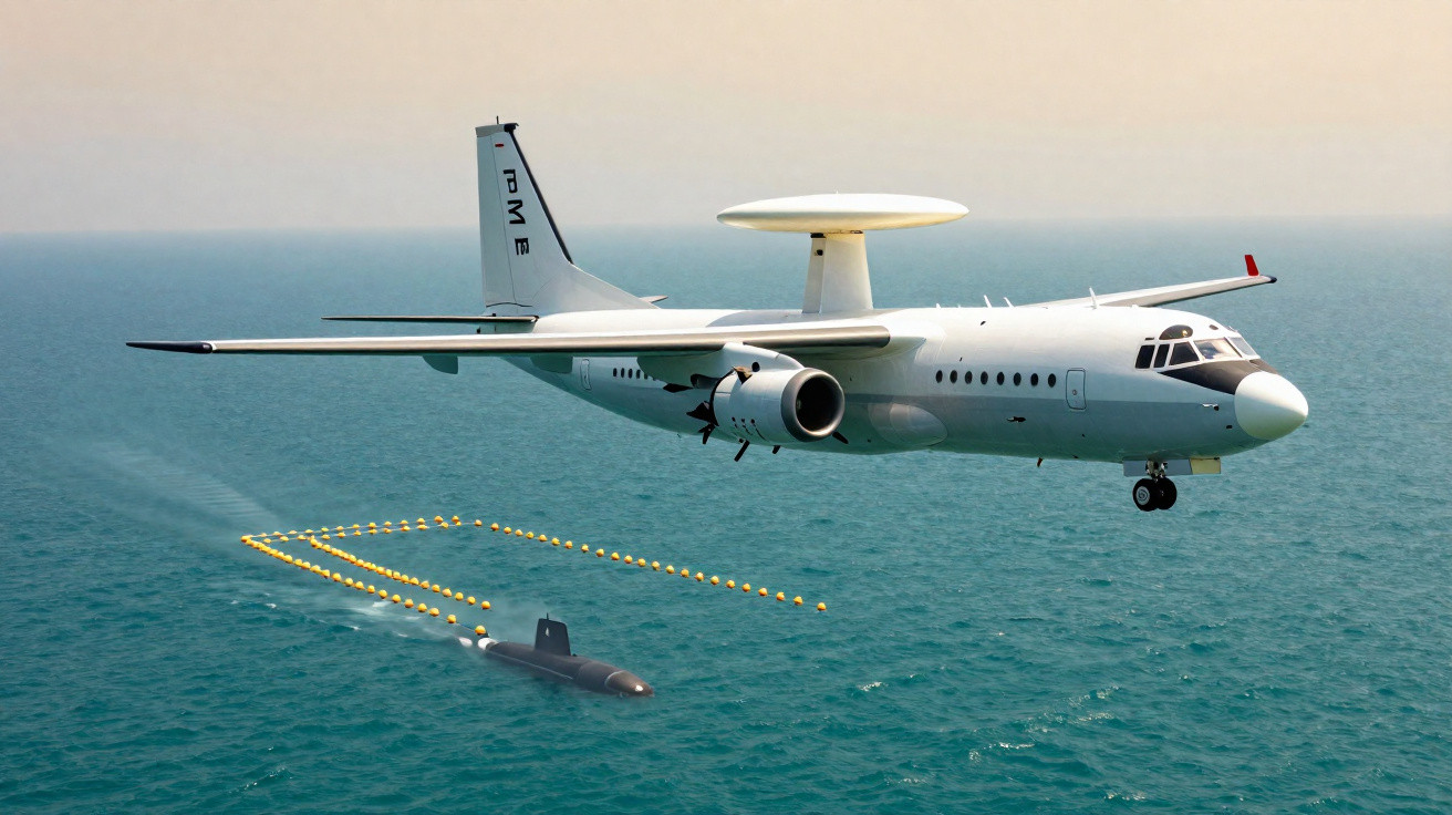 Avião de vigilância militar voando sobre o mar próximo a um submarino em operação.