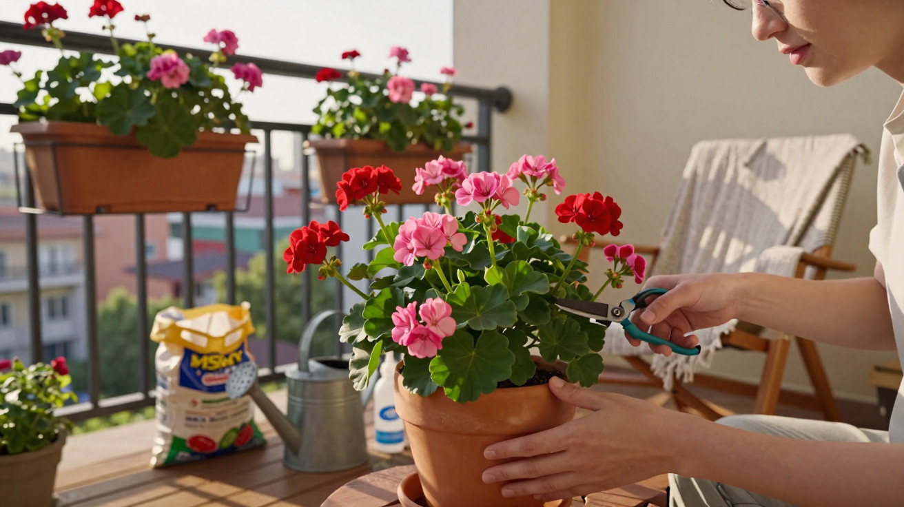 Pessoa cuidando de vasos com flores vermelhas e rosas em varanda ensolarada com cadeira de balanço ao fundo.