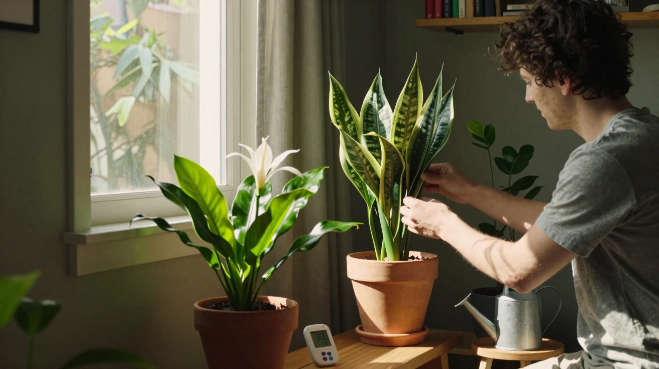 Jovem cuidando de planta em vaso próximo à janela com luz natural em ambiente interno.