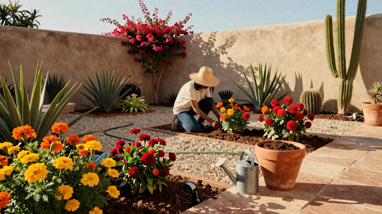 Pessoa com chapéu cuidando de flores em um jardim com cactos e plantas suculentas.