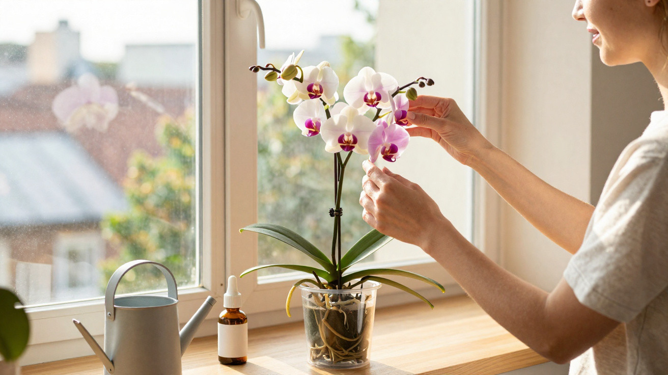 Pessoa cuidando de orquídea branca com detalhes rosa em vaso transparente próximo à janela com regador e frasco.
