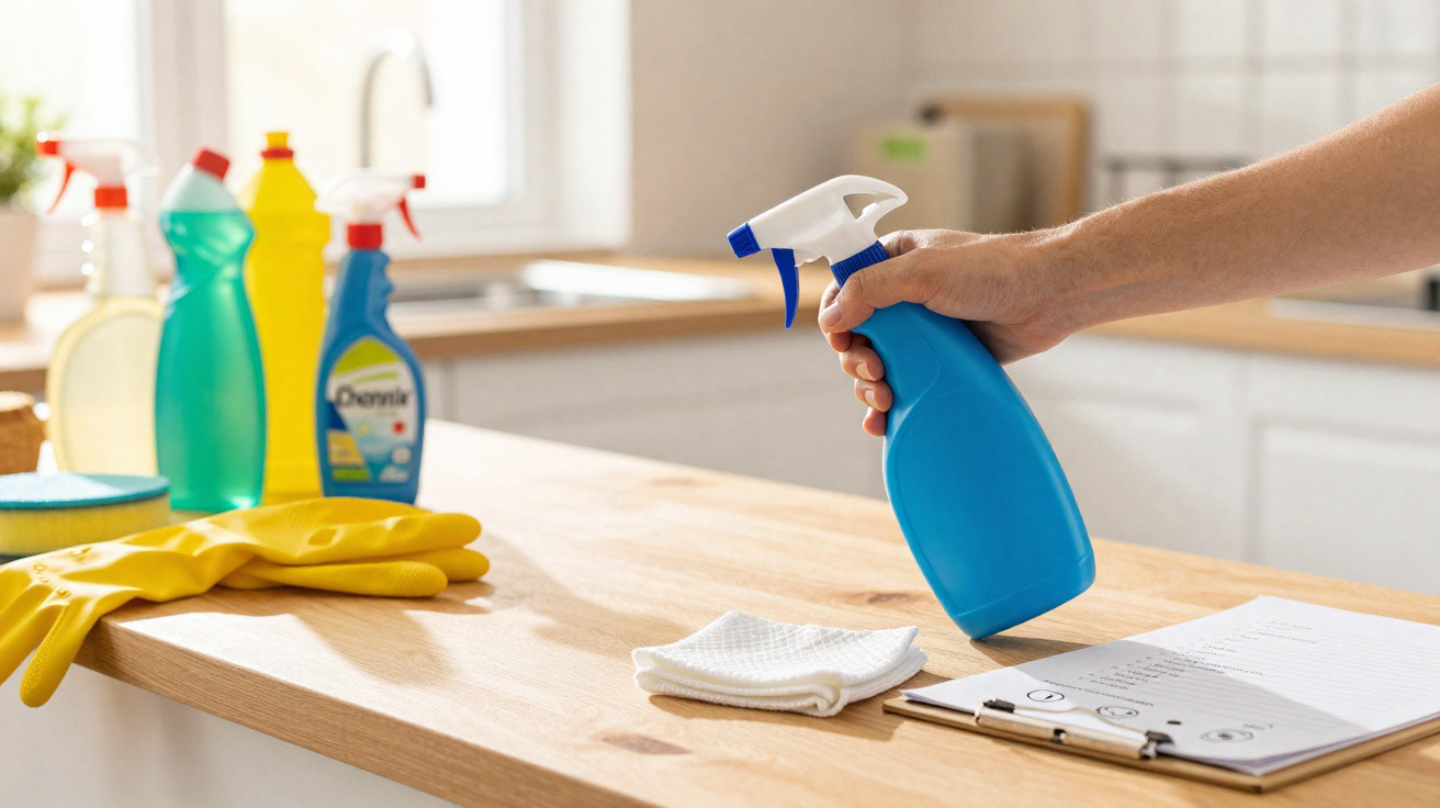 Pessoa segurando borrifador azul em bancada de cozinha com luvas amarelas, produtos de limpeza e lista de tarefas.