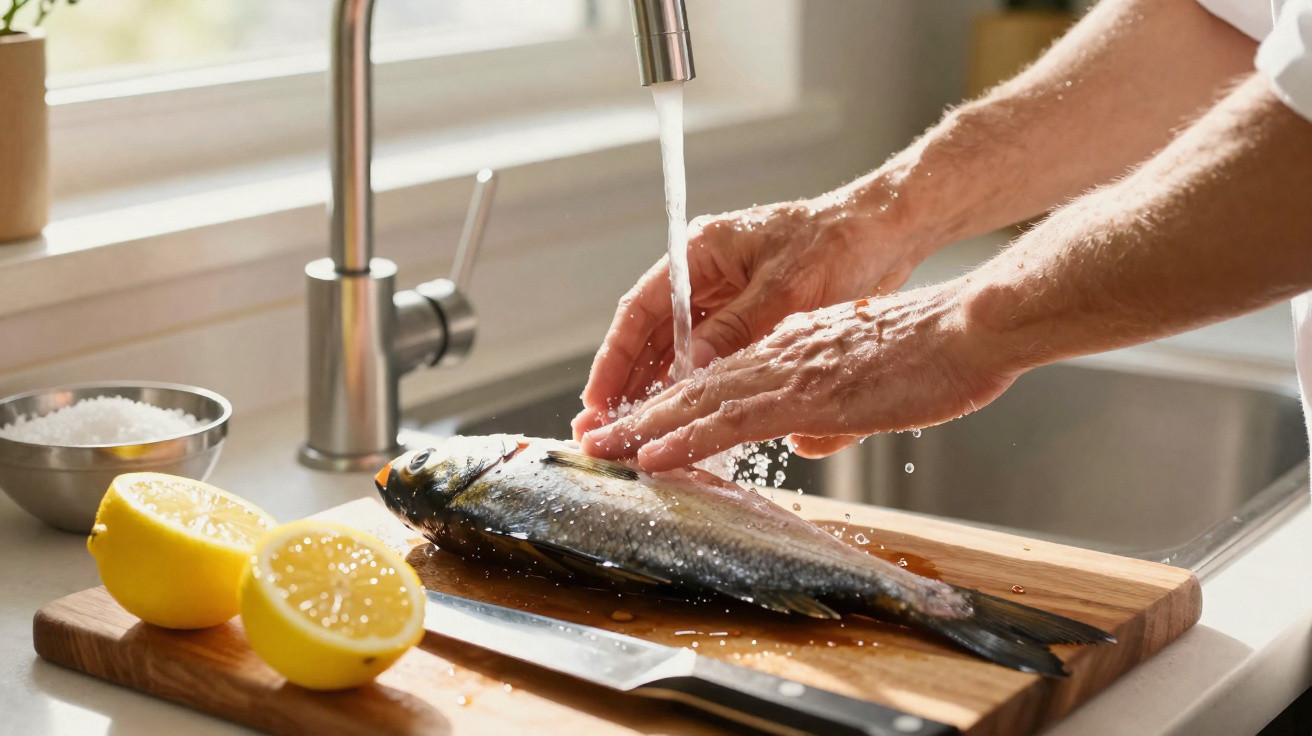 Pessoa lavando peixe na pia com água corrente, limão cortado e um prato com sal ao lado.