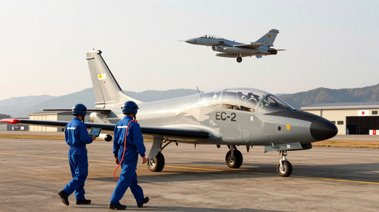 Dois técnicos em uniformes azuis ao lado de avião militar estacionado; outro avião voa baixo ao fundo.