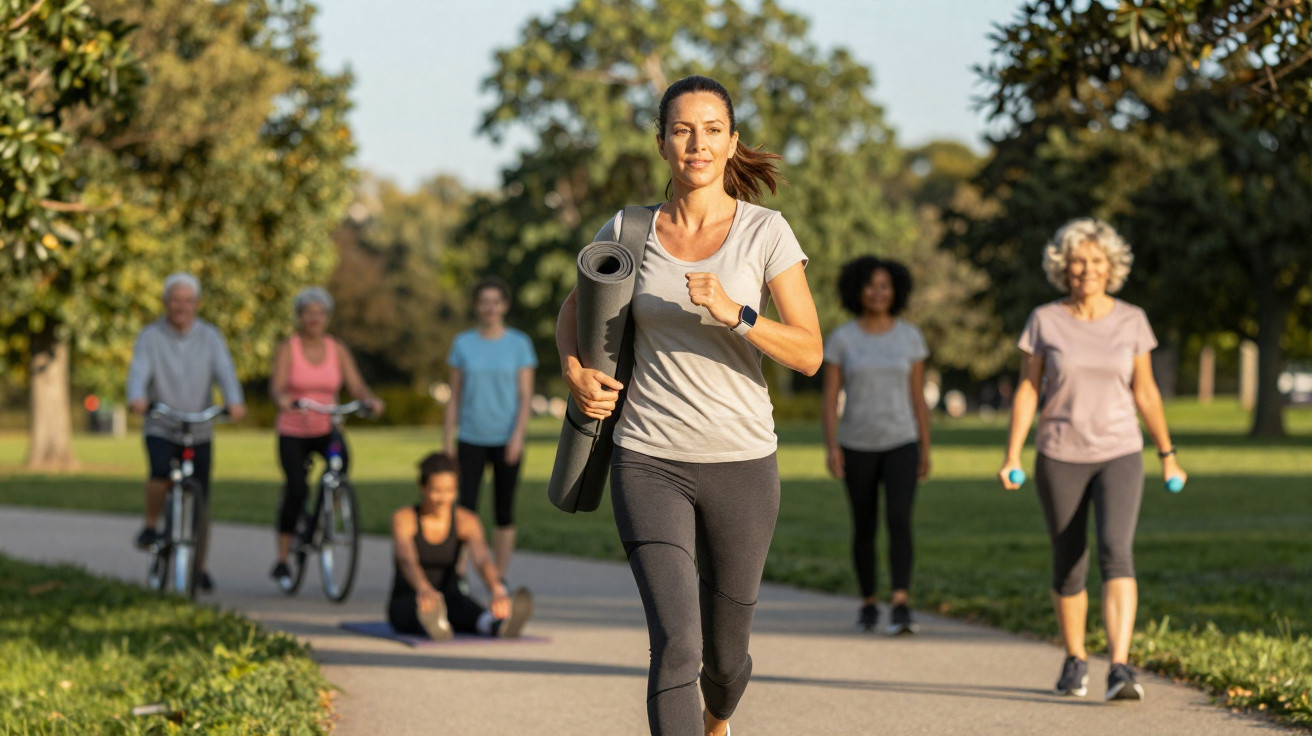 Mulher correndo em parque com tapete de yoga, pessoas ao fundo caminhando, pedalando e alongando.