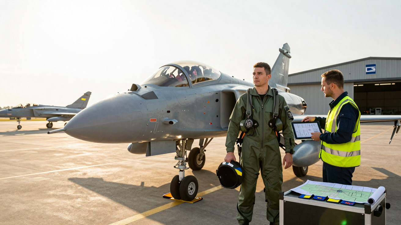 Piloto militar com macacão verde e capacete na mão ao lado de jato de combate cinza estacionado em pista.