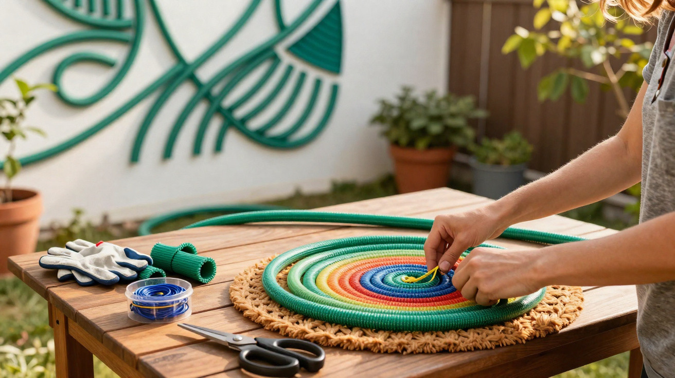Pessoa fazendo artesanato com cordas coloridas em mesa de madeira em ambiente externo.