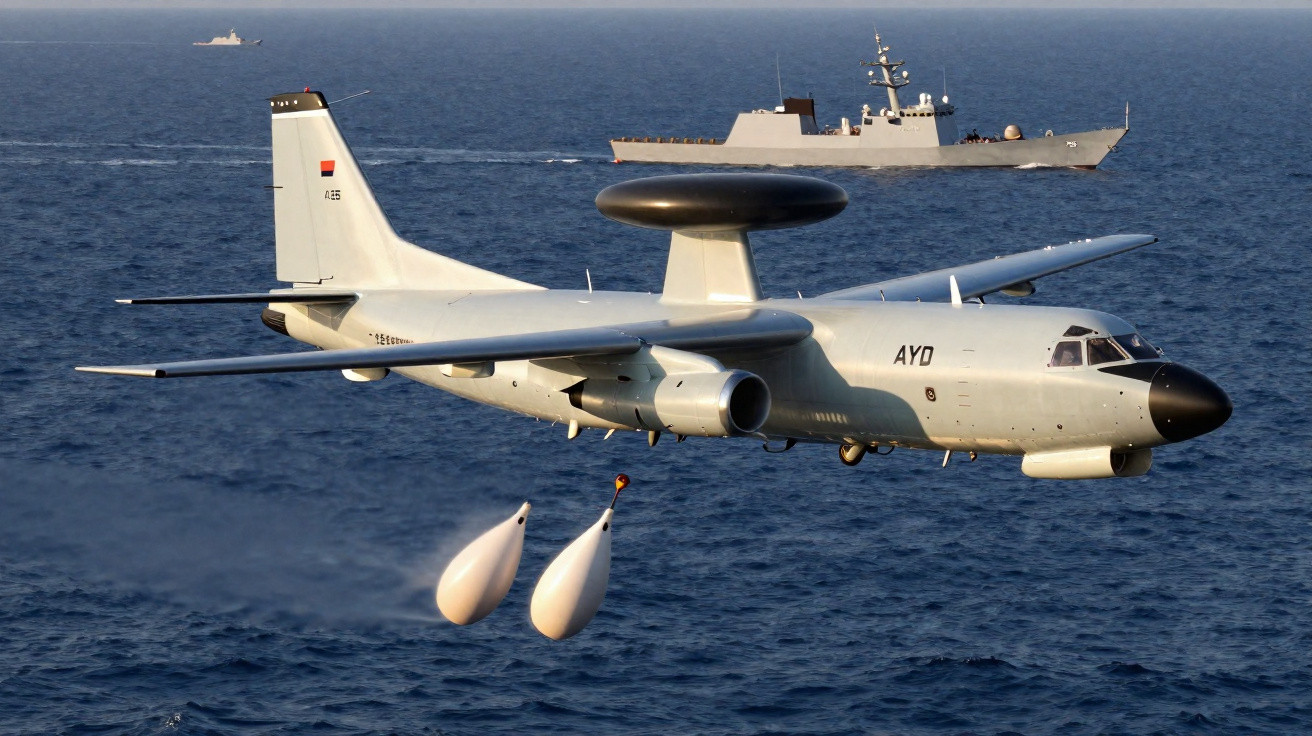 Avião militar de vigilância voando sobre o mar com navio de guerra ao fundo.