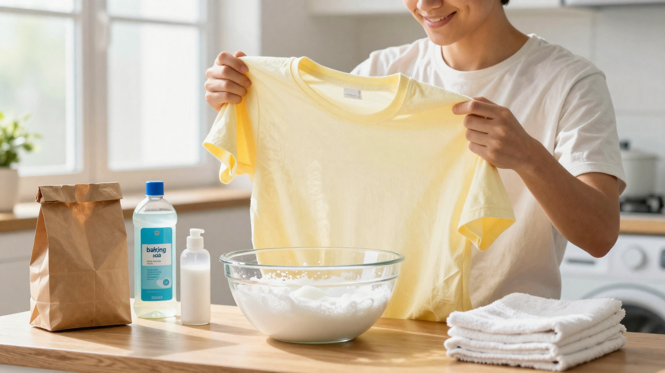Pessoa segurando camiseta amarela para clarear com bicarbonato e vinagre em cozinha iluminada.