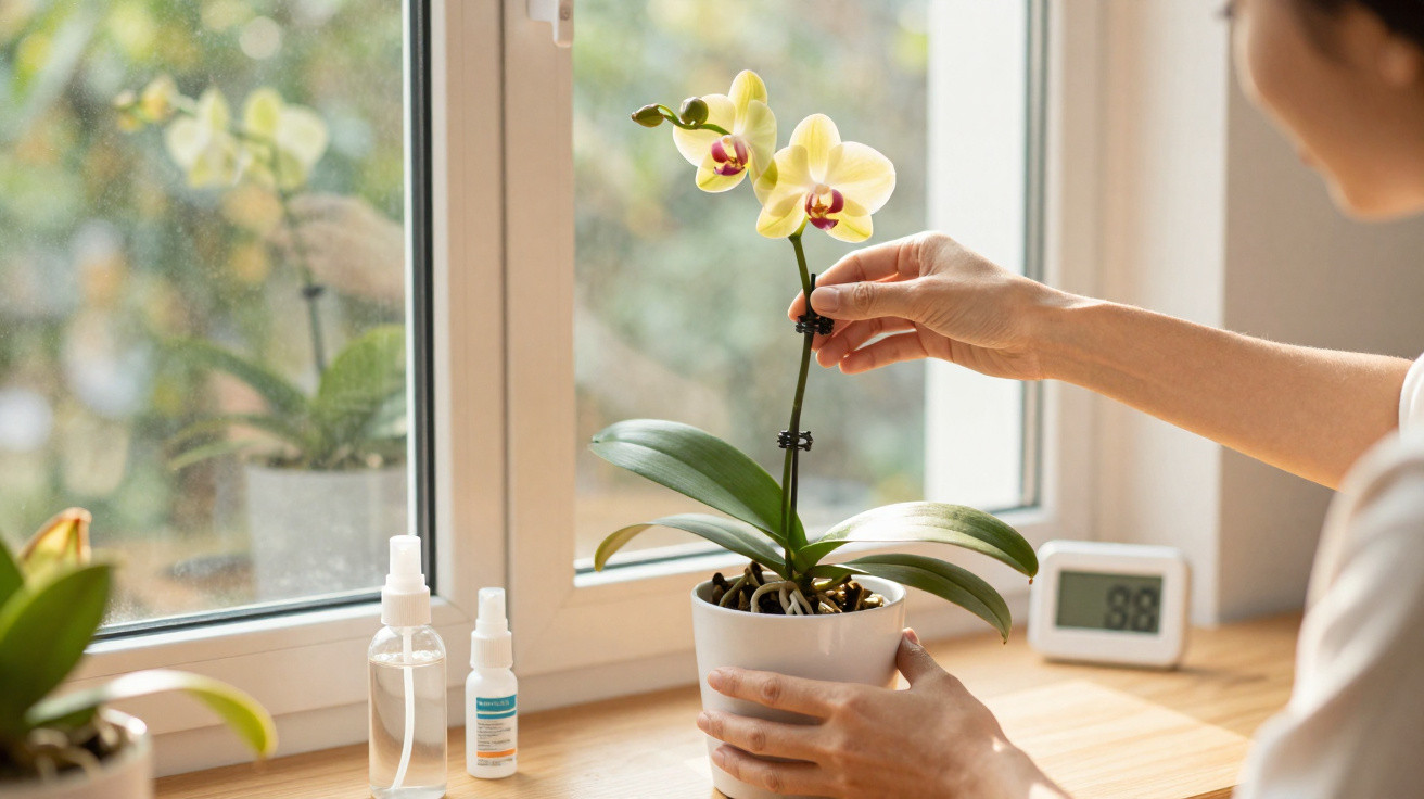 Pessoa cuidado de orquídea amarela em vaso branco próximo à janela em ambiente interno.